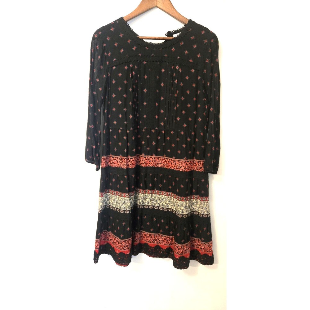 J. Jill Black Tiered Midi Dress S Embroidered Long Sleeve Boho Cottage Peasant